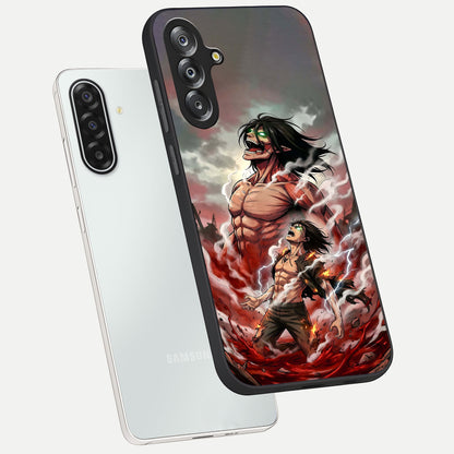 Titan Awakening Fury Glass Case displayed in angled mockup highlighting dramatic giant warrior design with bold anime aesthetic.
