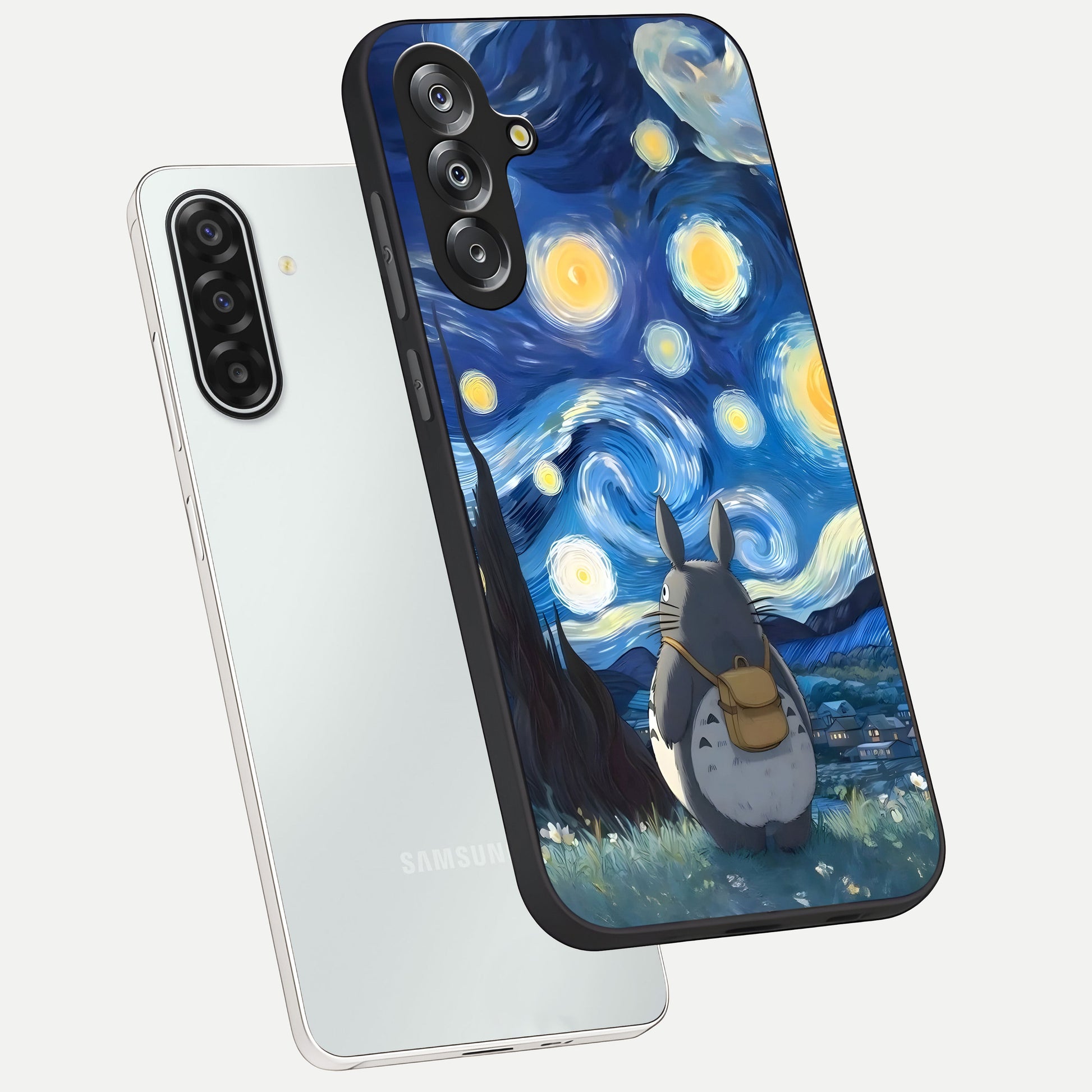Totoro In Van Gogh Art Glass Case displayed in angled mockup highlighting artistic swirling sky design with playful animation aesthetic.