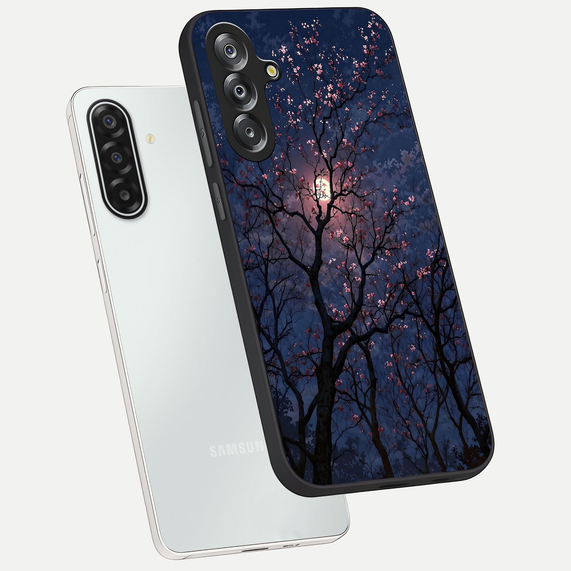 Twilight Sakura Serenade Glass Case displayed in angled mockup highlighting delicate sakura flower design with dreamy aesthetic.