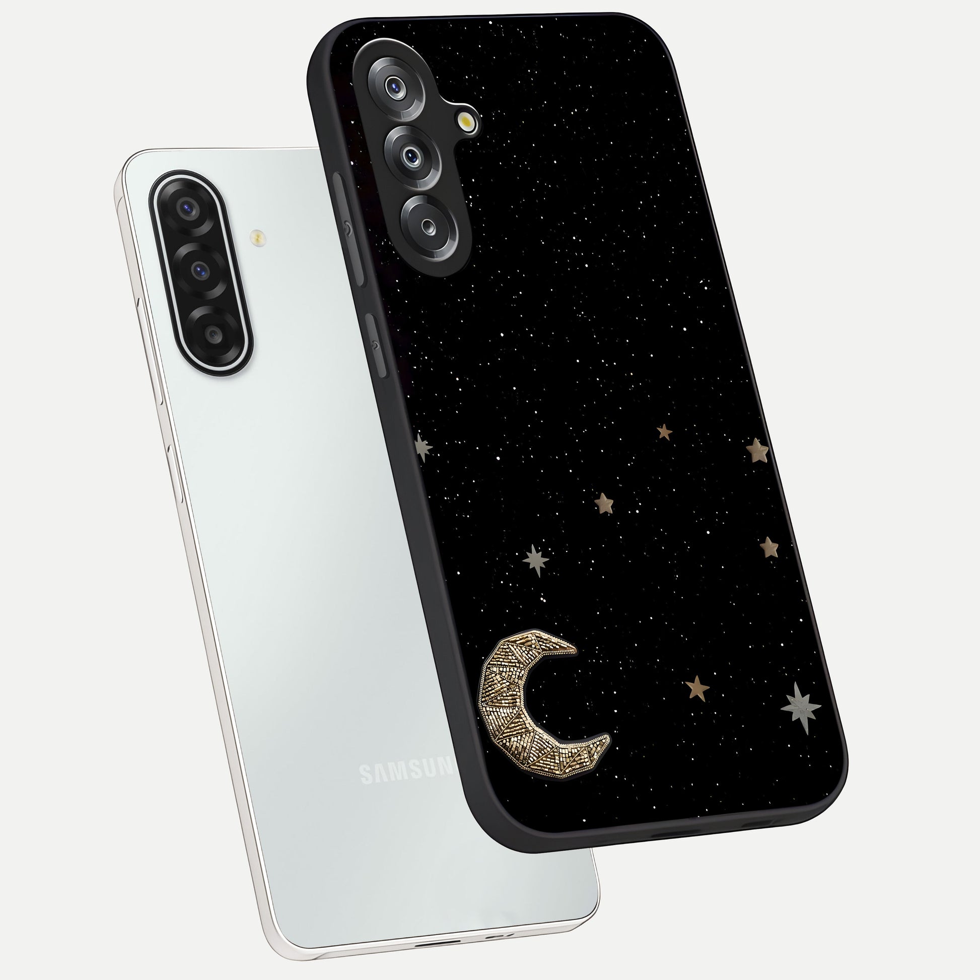 Twinkle Star With Half Moon Glass Case displayed in angled mockup highlighting celestial moon and star design with magical aesthetic.