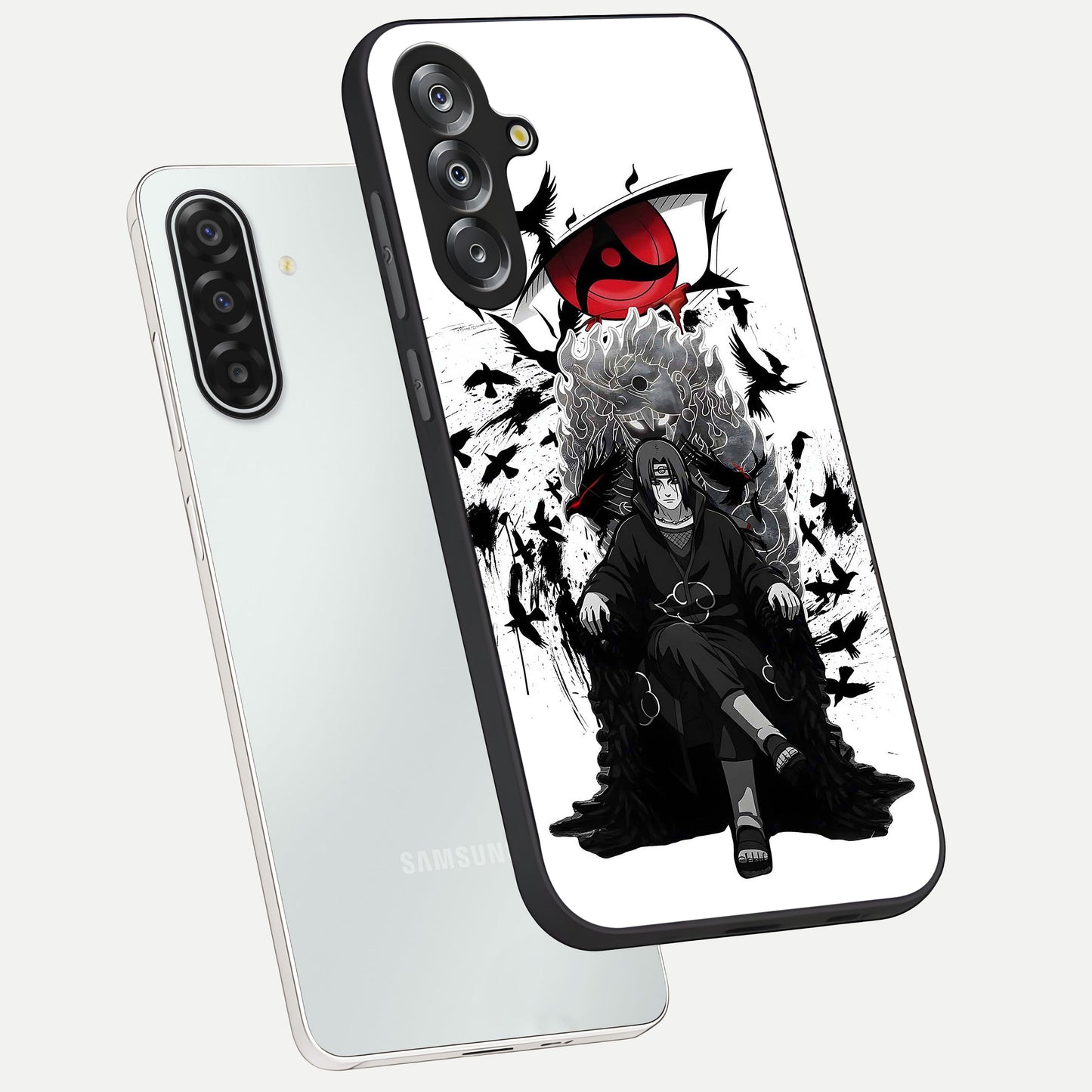 Uchiha Shadow Throne Glass Case displayed in angled mockup highlighting glowing aquatic design with celestial aesthetic.