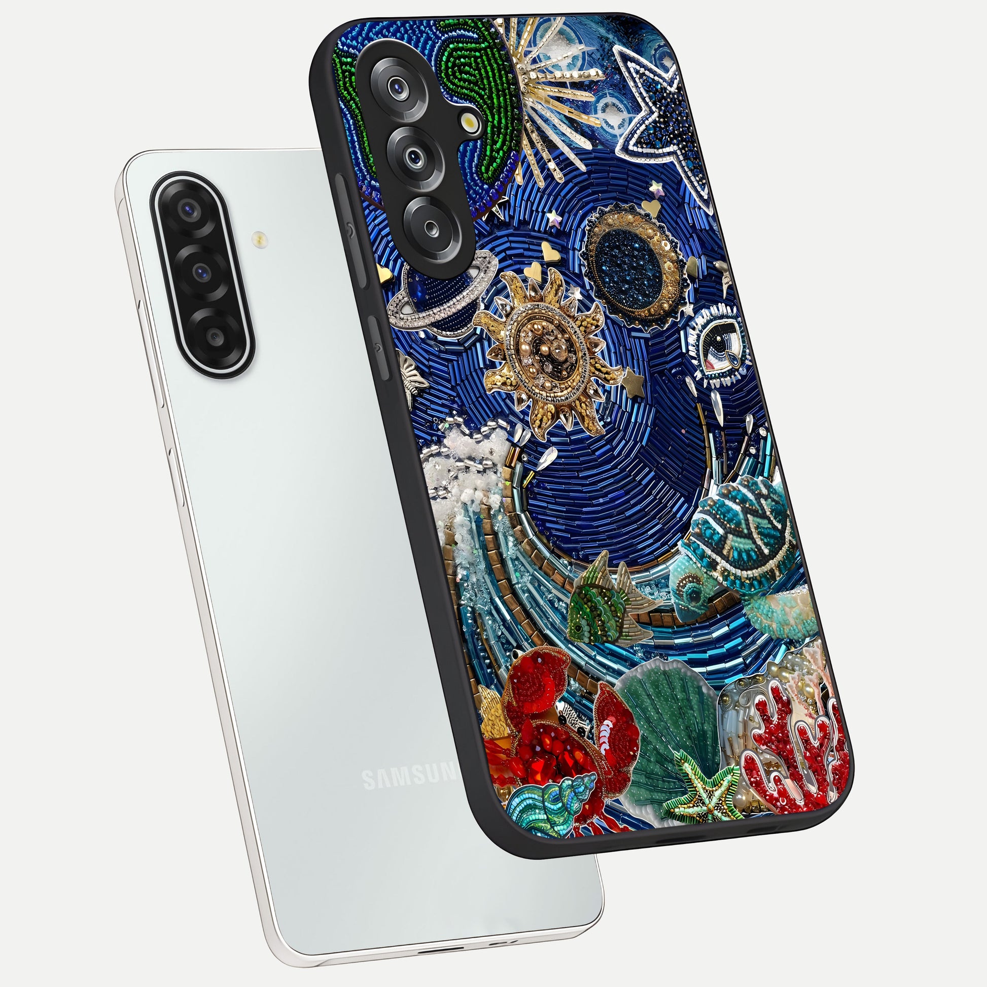Universe Underwater Spark Glass Case displayed in angled mockup highlighting glowing aquatic design with celestial aesthetic.