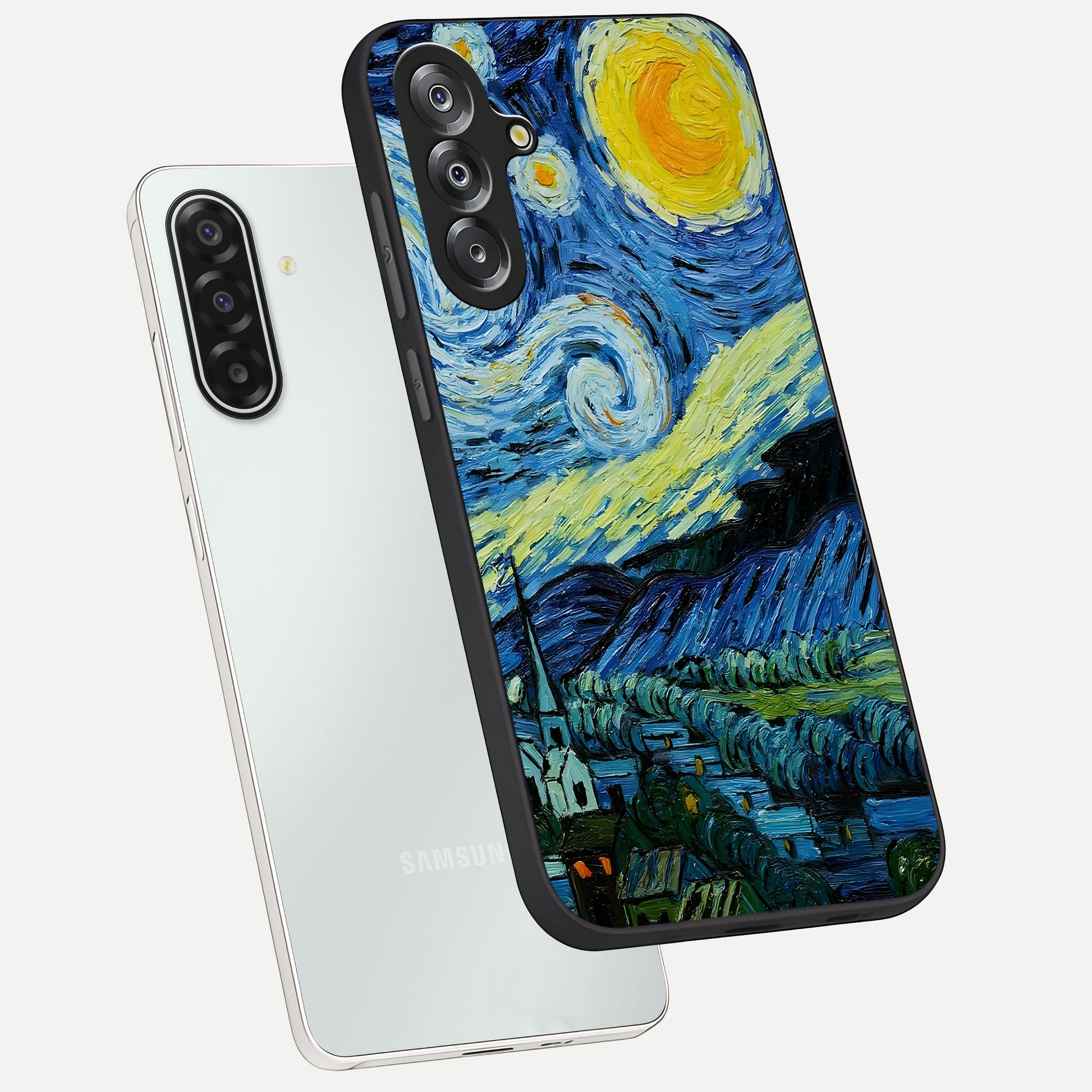 Van Gogh Art Glass Case displayed in angled mockup highlighting swirling brushstroke design with artistic aesthetic.