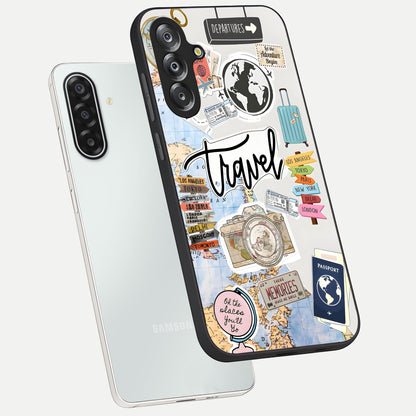 Wanderlust Journal Glass Case displayed in angled mockup highlighting adventure themed design with aesthetic travel vibe.