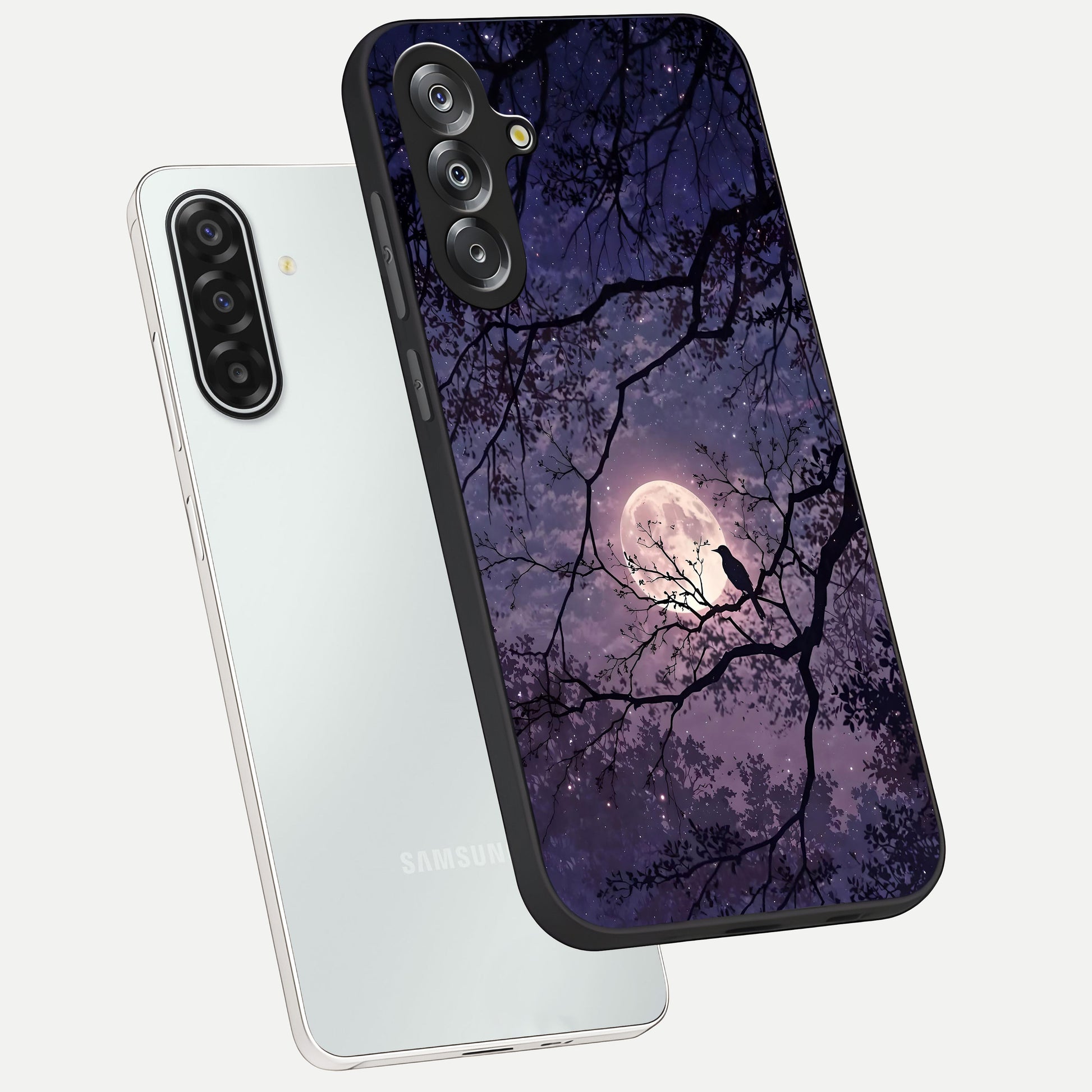 Whispering Moon Silence Glass Case displayed in angled mockup highlighting calm lunar design with dreamy night aesthetic.
