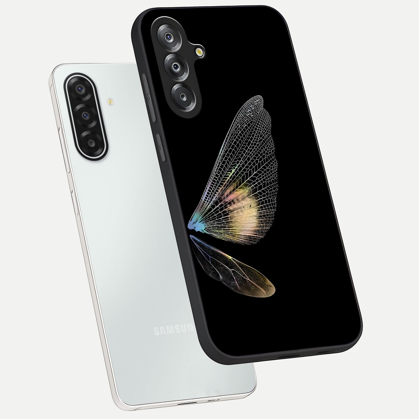 Whispers Of Wings Glass Case displayed in angled mockup highlighting soft feather design with celestial aesthetic style.