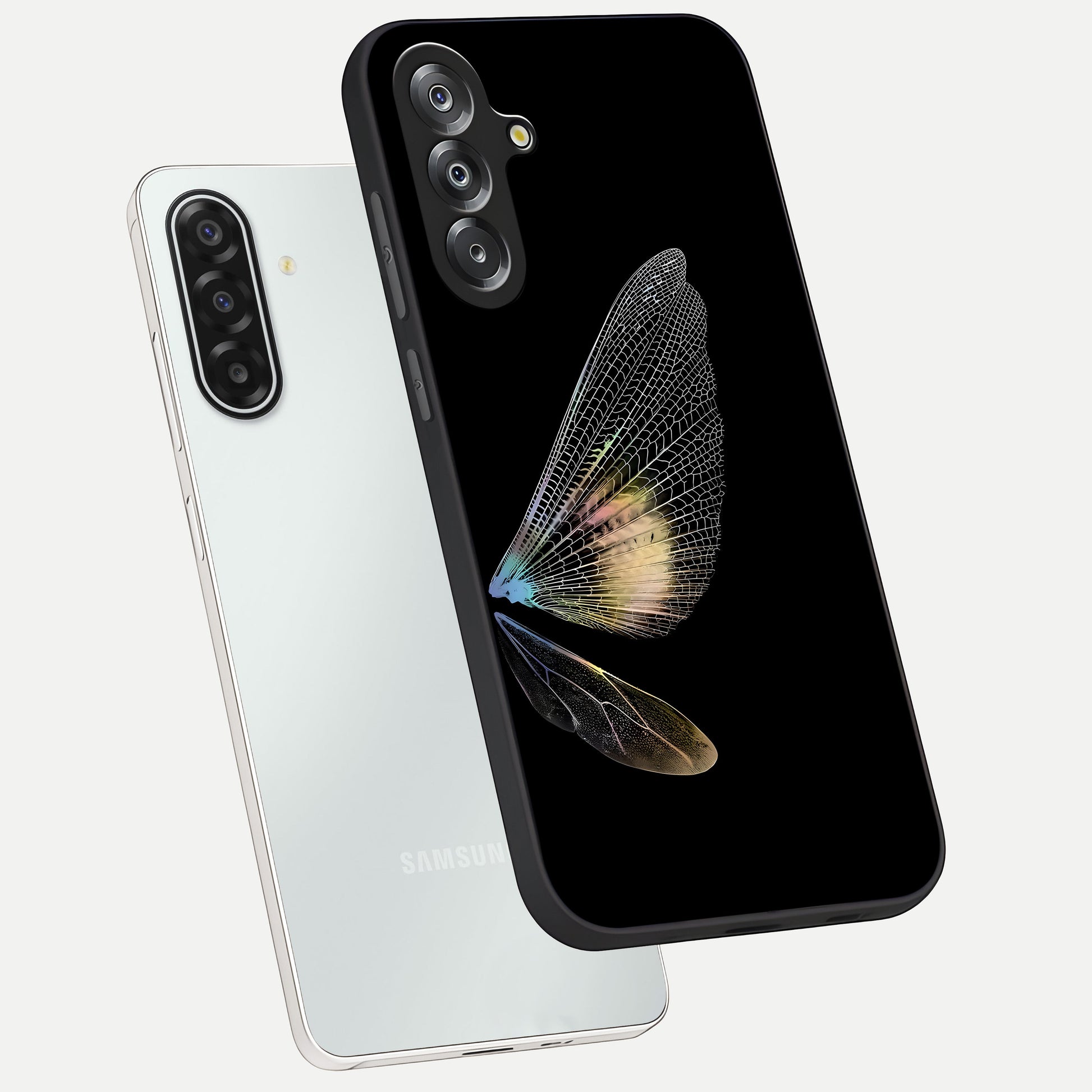 Whispers Of Wings Glass Case displayed in angled mockup highlighting soft feather design with celestial aesthetic style.