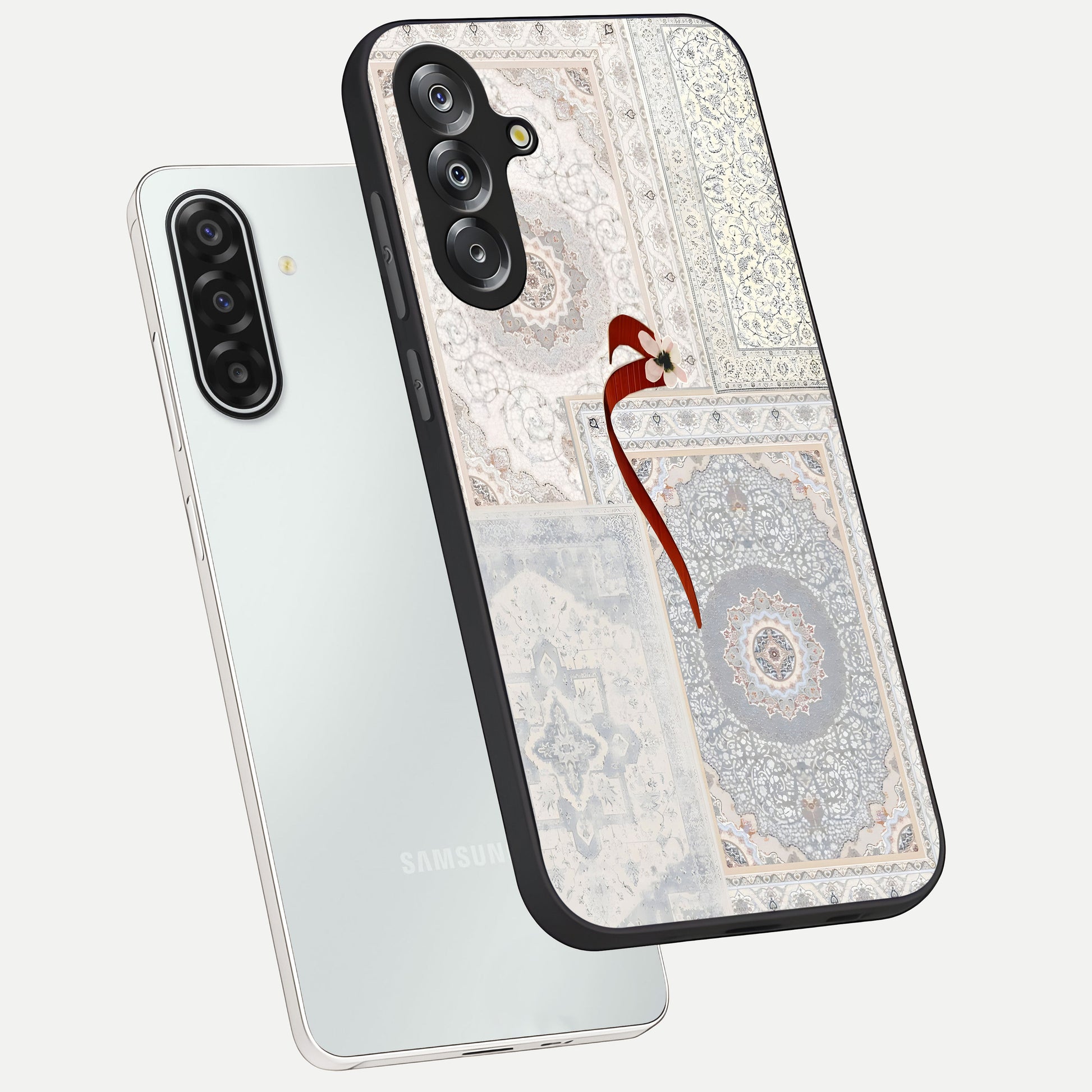 White Aesthetic Bow Glass Case displayed in angled mockup highlighting clean bow design with soft aesthetic style.