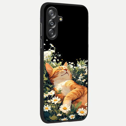 Blissful Bloom Cat Glass Case upright view showcasing charming cat design surrounded by blooming floral elements.