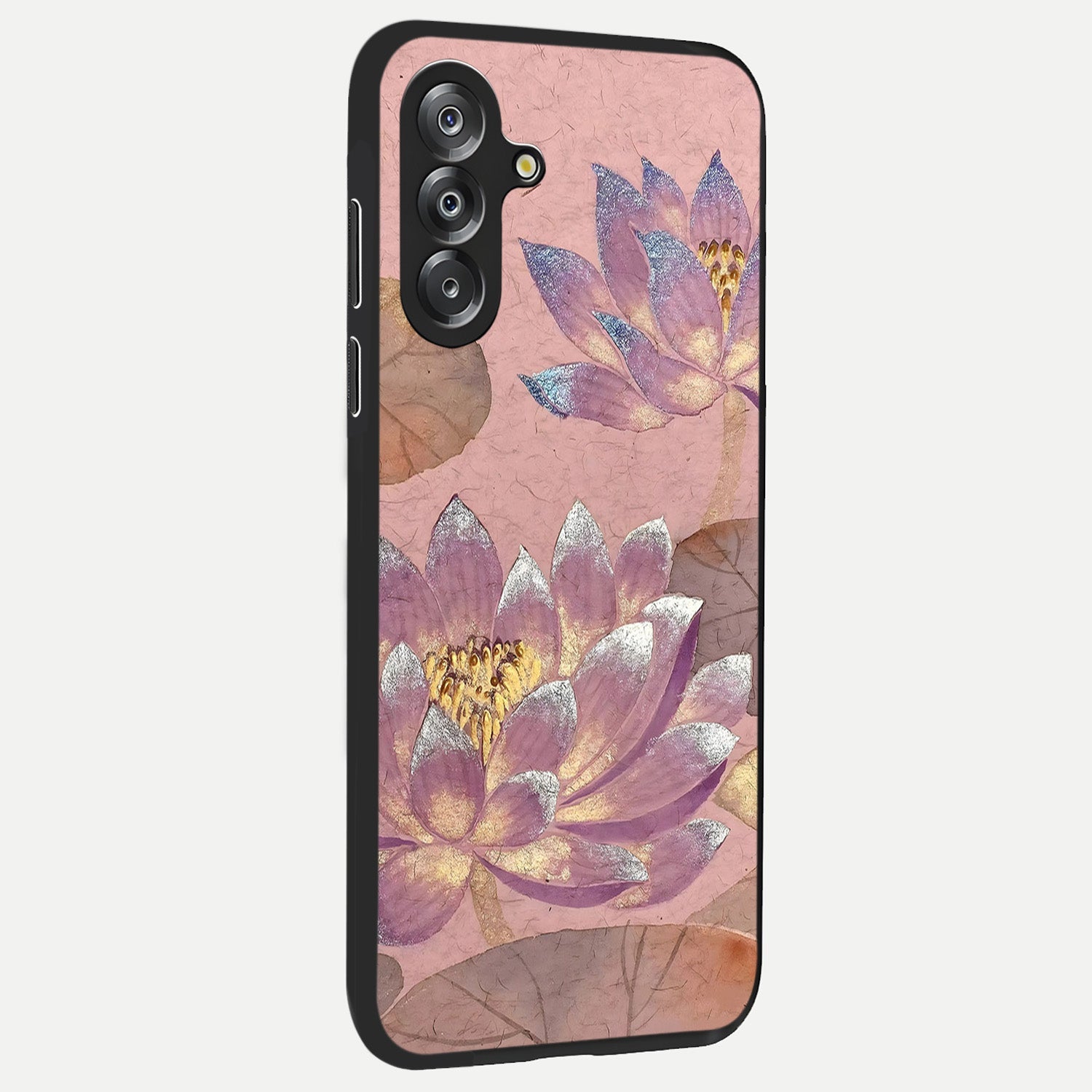 Blossom Mist Lotus Glass Case upright view showcasing graceful lotus flower design with peaceful botanical style.