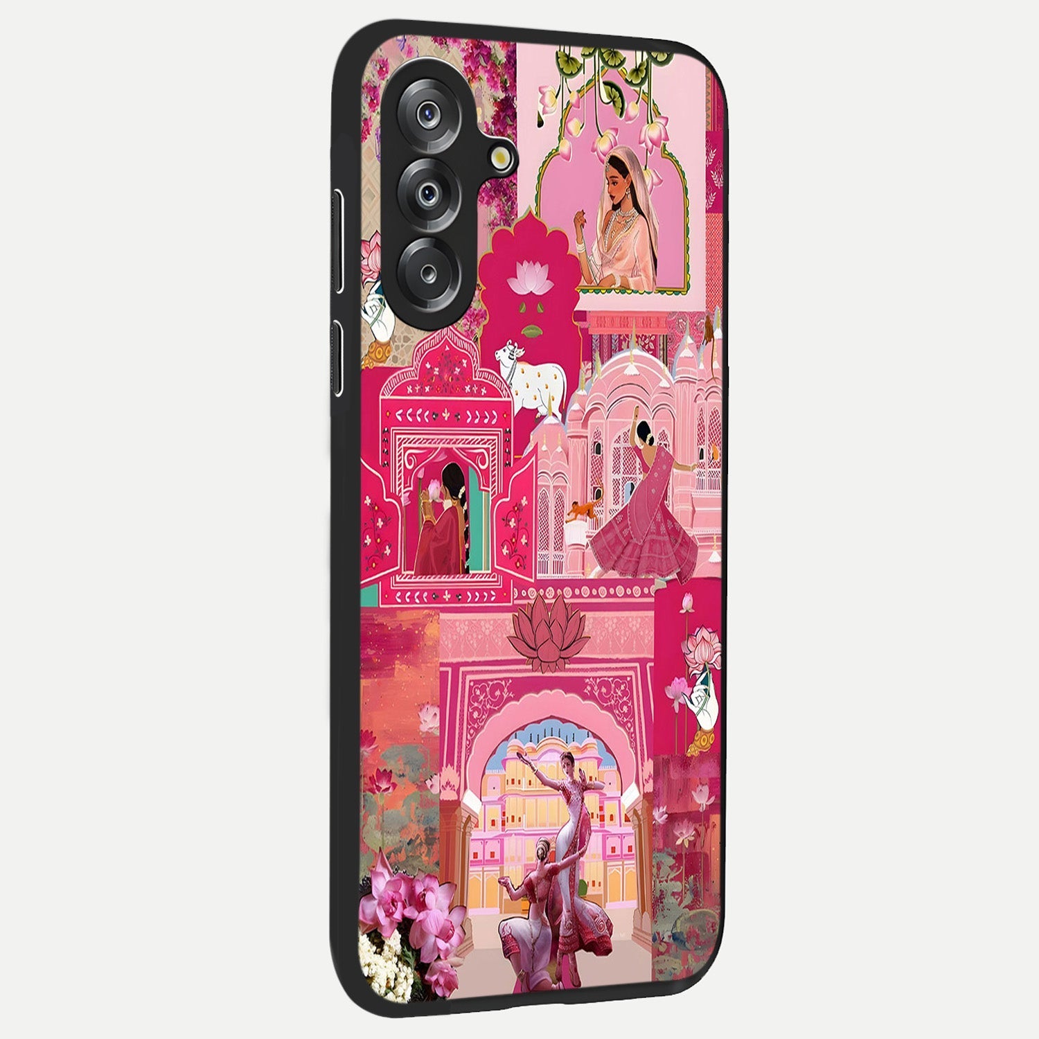 Blossoms of Rajasthan Glass Case upright view showcasing colorful floral design inspired by traditional Indian art.