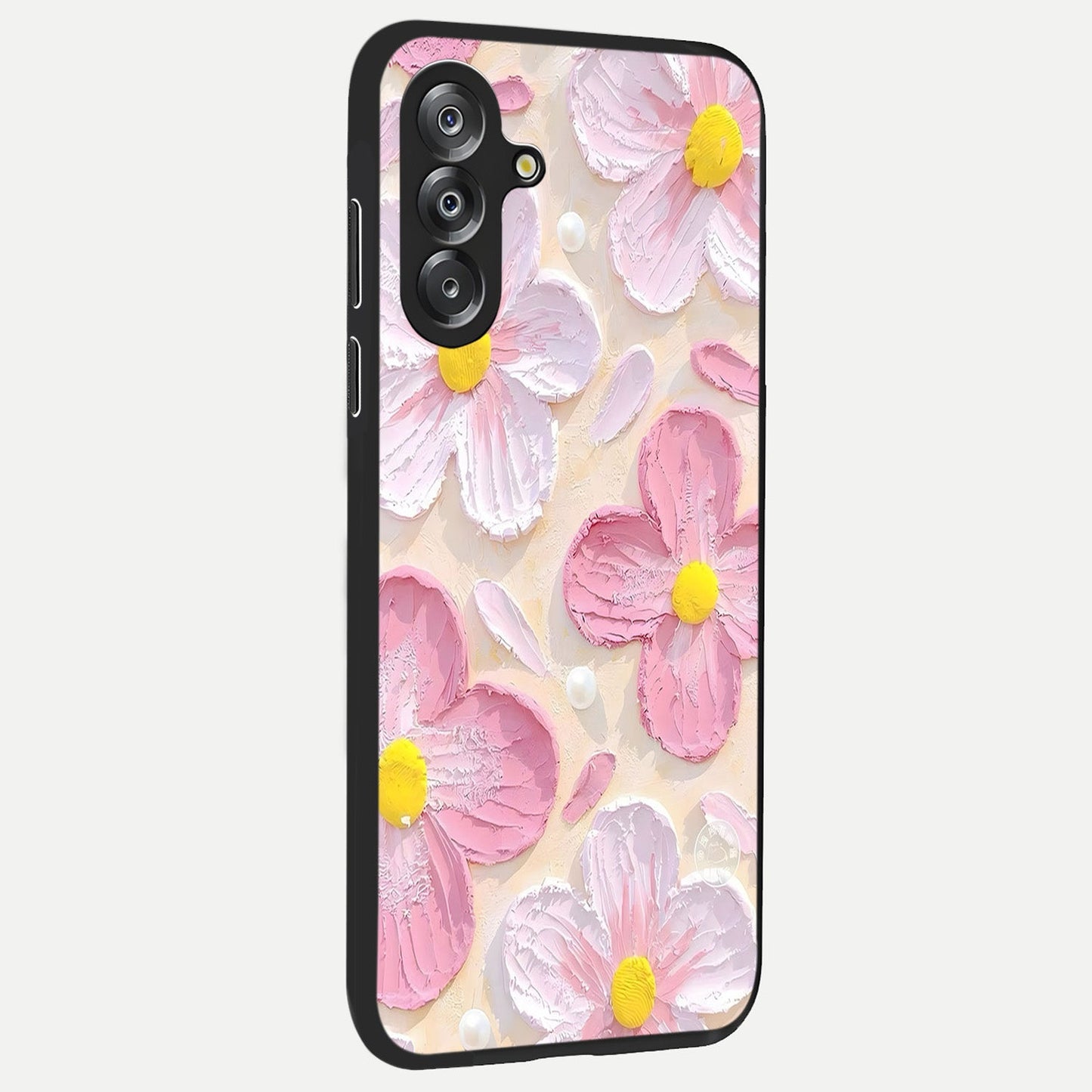 Blush Bloom Texture Glass Case upright view showcasing delicate blush floral texture with modern minimal style.