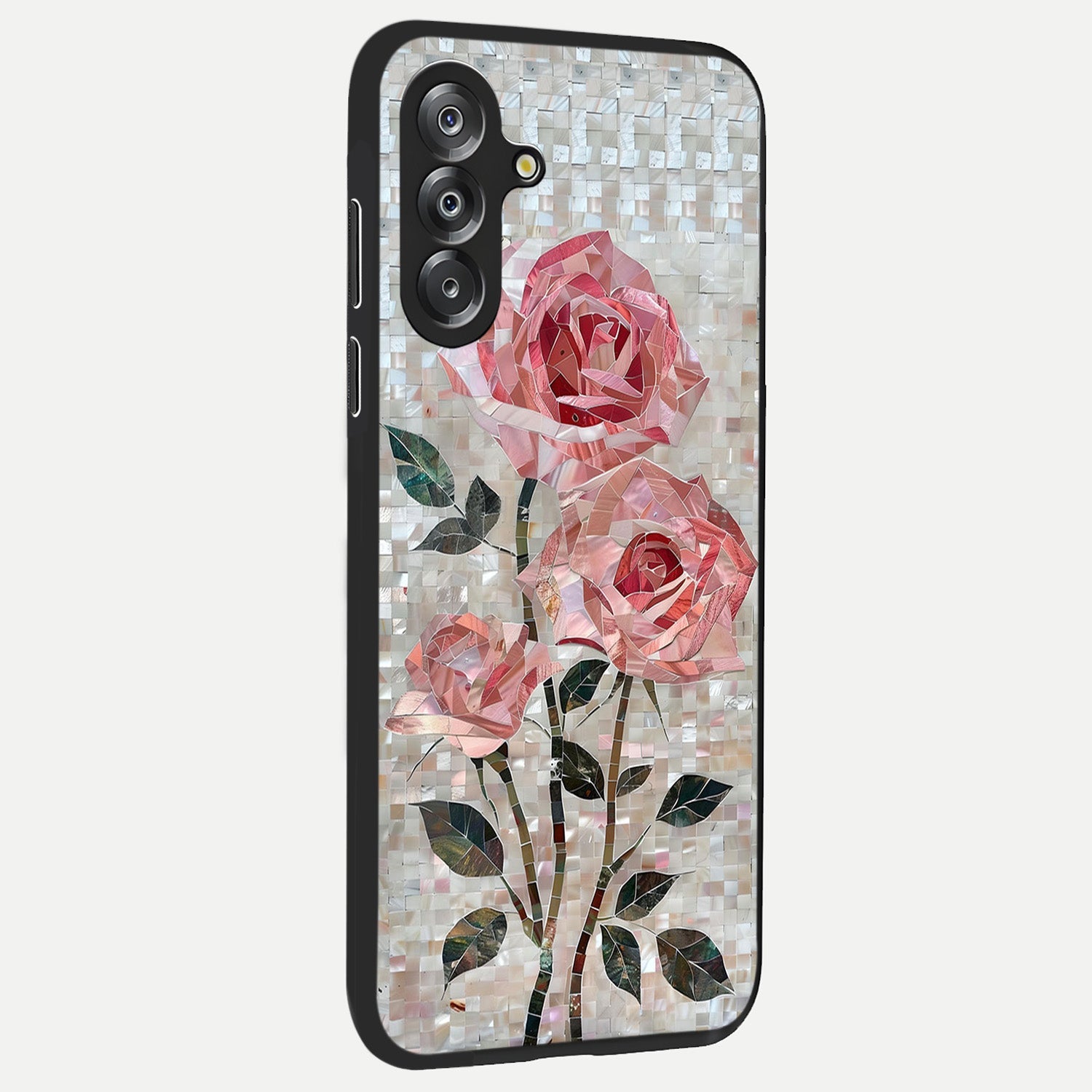 Blush Mosaic Bloom Glass Case upright view showcasing decorative floral mosaic artwork with stylish modern aesthetic.