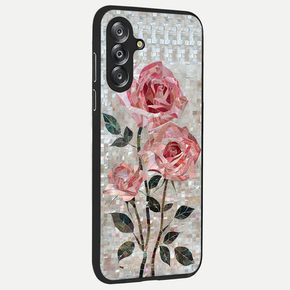 Blush Mosaic Bloom Glass Case upright view showcasing decorative floral mosaic artwork with stylish modern aesthetic.
