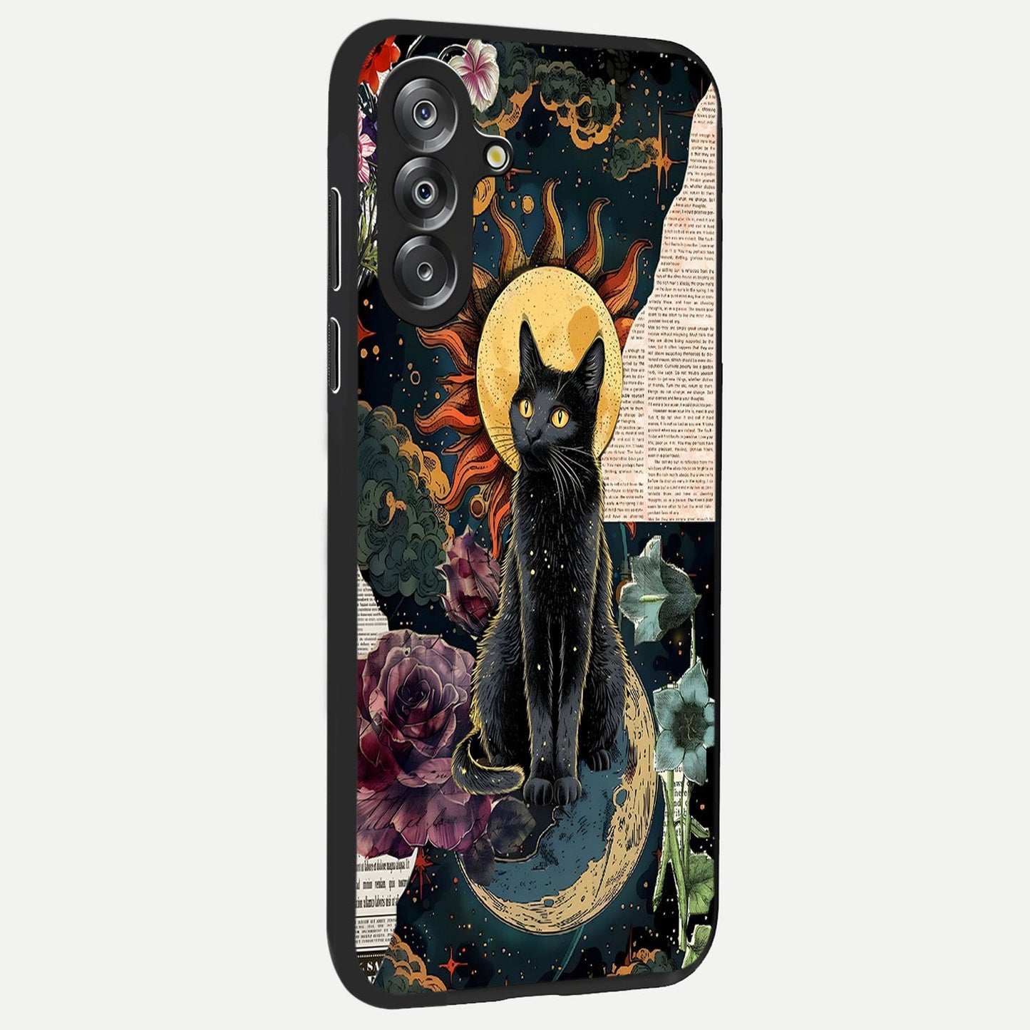 Celestial Black Cat Glass Case upright view showcasing magical black cat illustration with starry cosmic theme.