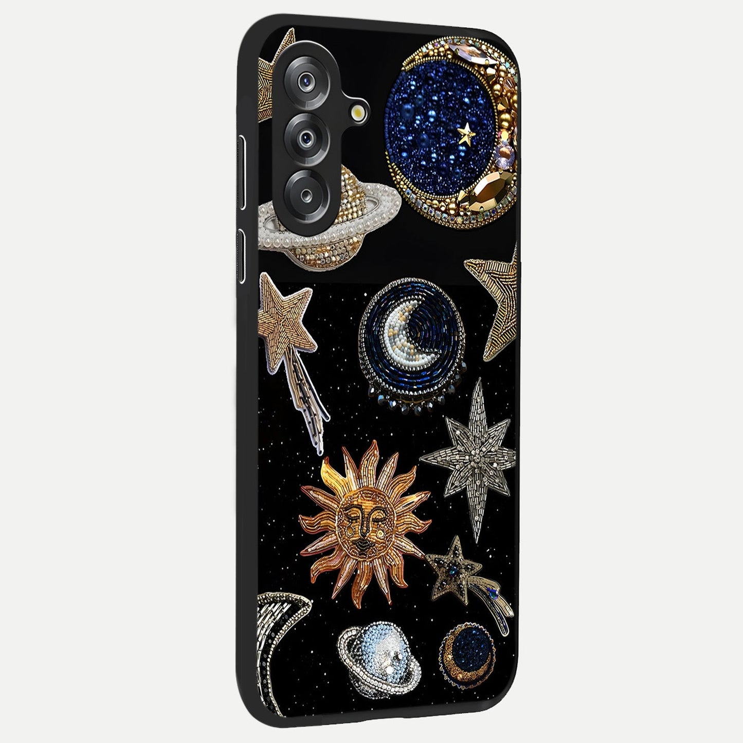 Celestial Gem Constellations Glass Case upright view showcasing cosmic constellation artwork with celestial aesthetic style.