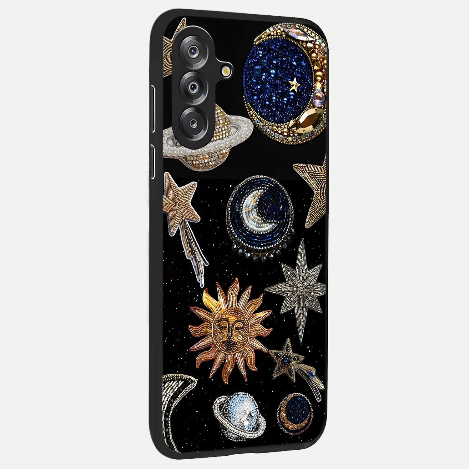 Celestial Gem Constellations Glass Case upright view showcasing cosmic constellation artwork with celestial aesthetic style.