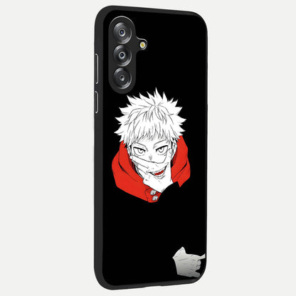 Crimson Chaos Smile Glass Case upright view showcasing expressive chaotic artwork with striking visual theme.