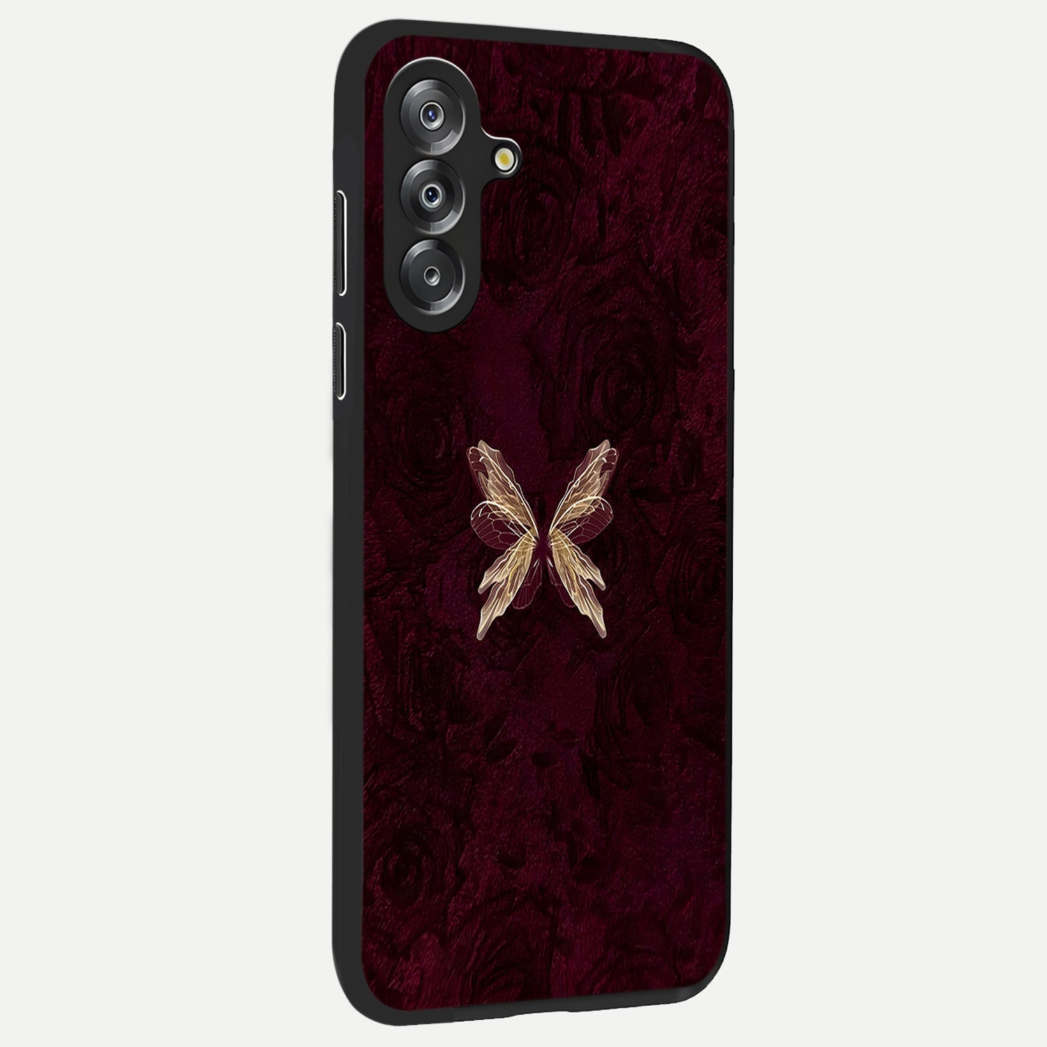 Crimson Fade Butterfly Glass Case upright view showcasing graceful butterfly artwork with soft crimson fade effect.