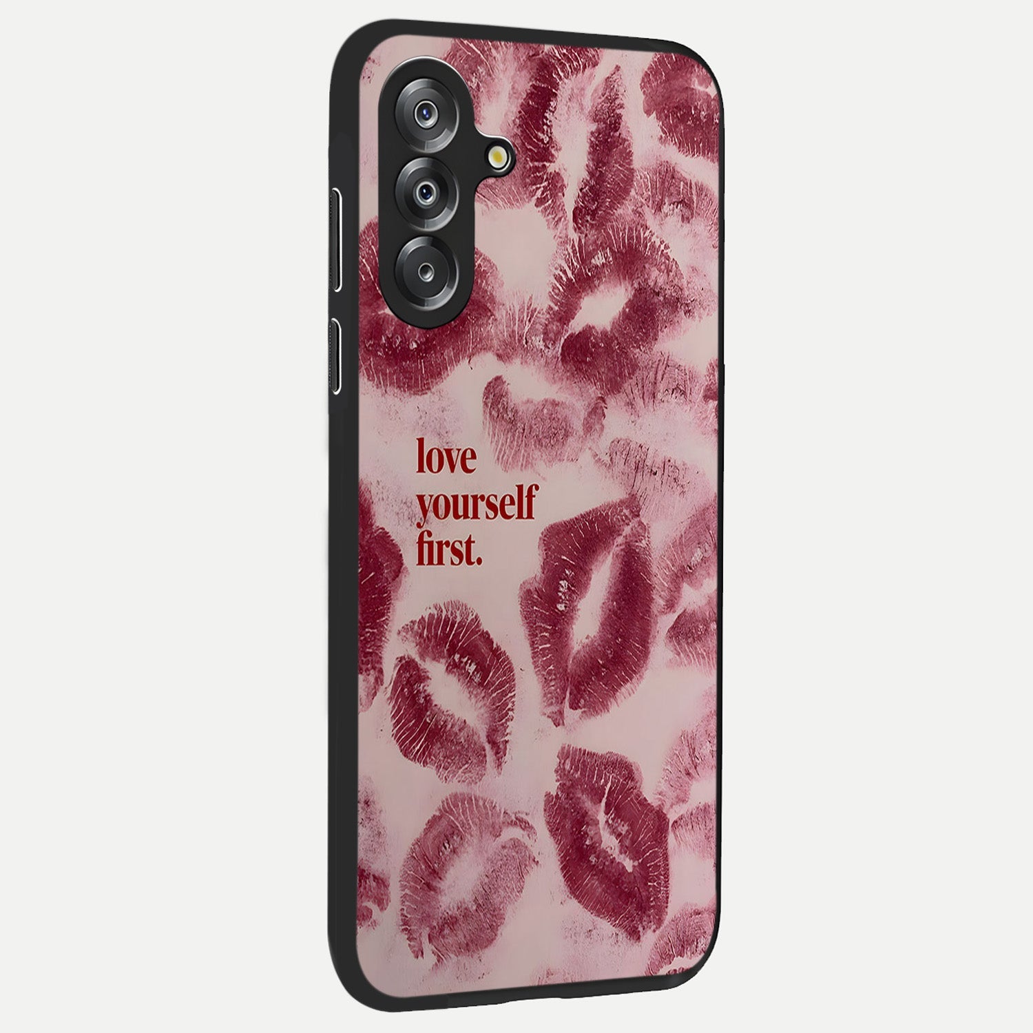 Crimson Kiss Love Glass Case upright view showcasing expressive romantic artwork with deep crimson theme.