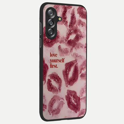Crimson Kiss Love Glass Case upright view showcasing expressive romantic artwork with deep crimson theme.