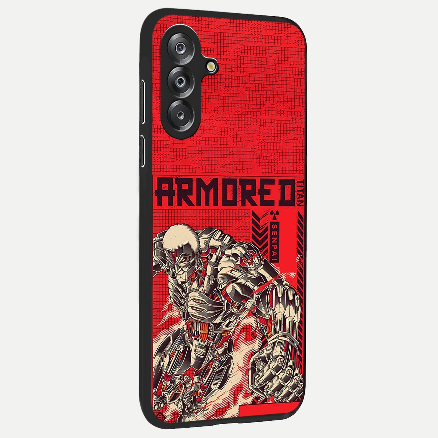 Crimson Mecha Titan Glass Case upright view showcasing dynamic robotic titan design with sci-fi inspired theme.