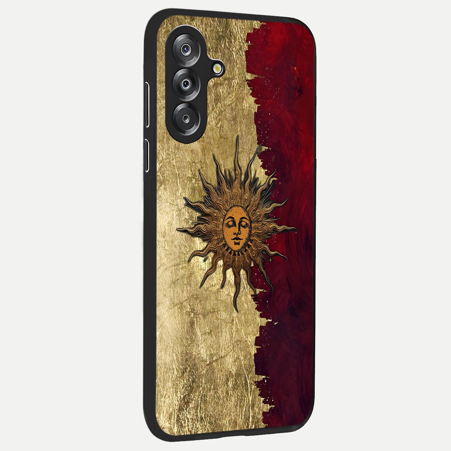 Crimson Sun Majesty Glass Case upright view showcasing vibrant sun artwork with powerful celestial theme.