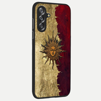 Crimson Sun Majesty Glass Case upright view showcasing vibrant sun artwork with powerful celestial theme.