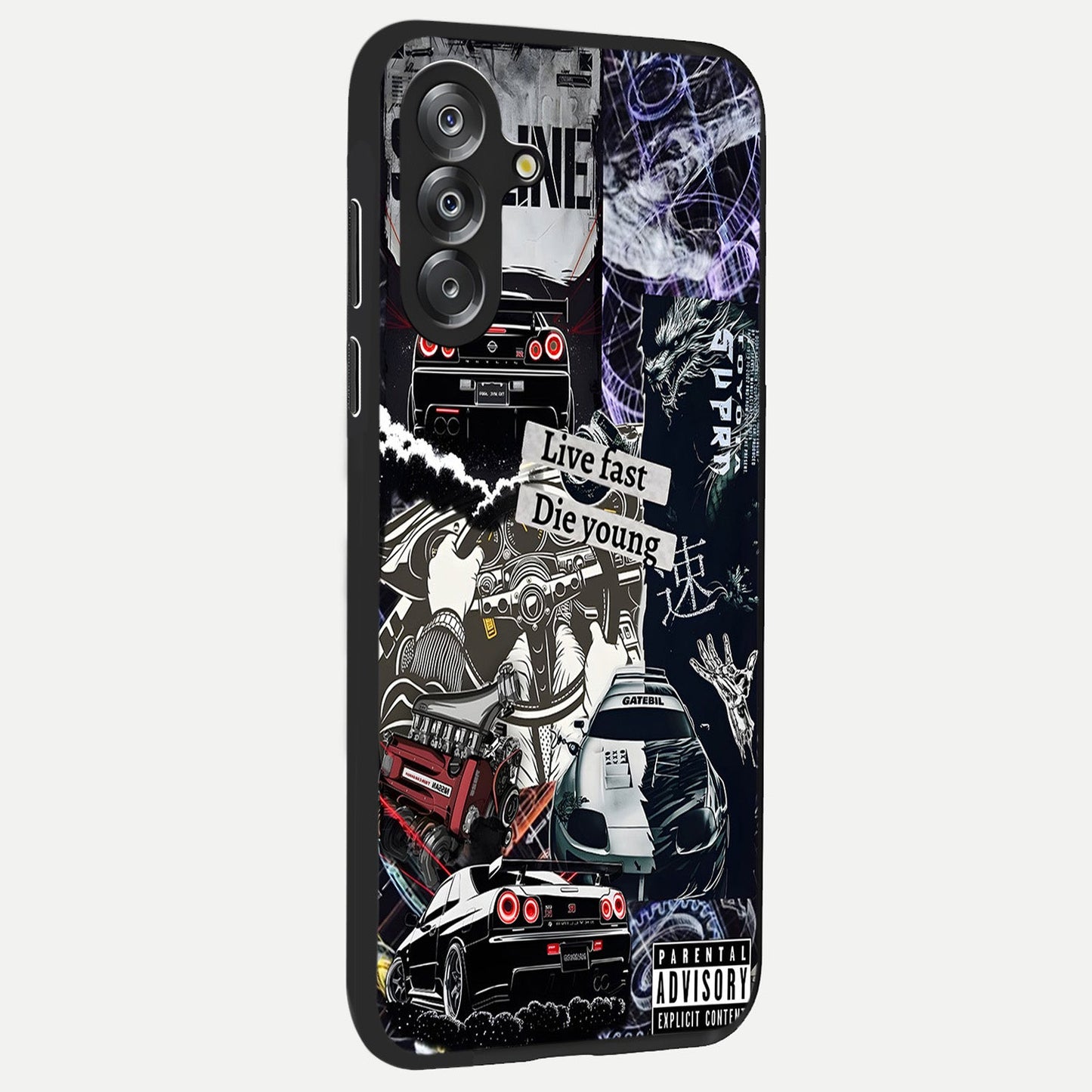Die Young Glass Case upright view showcasing striking typography artwork with modern statement theme.