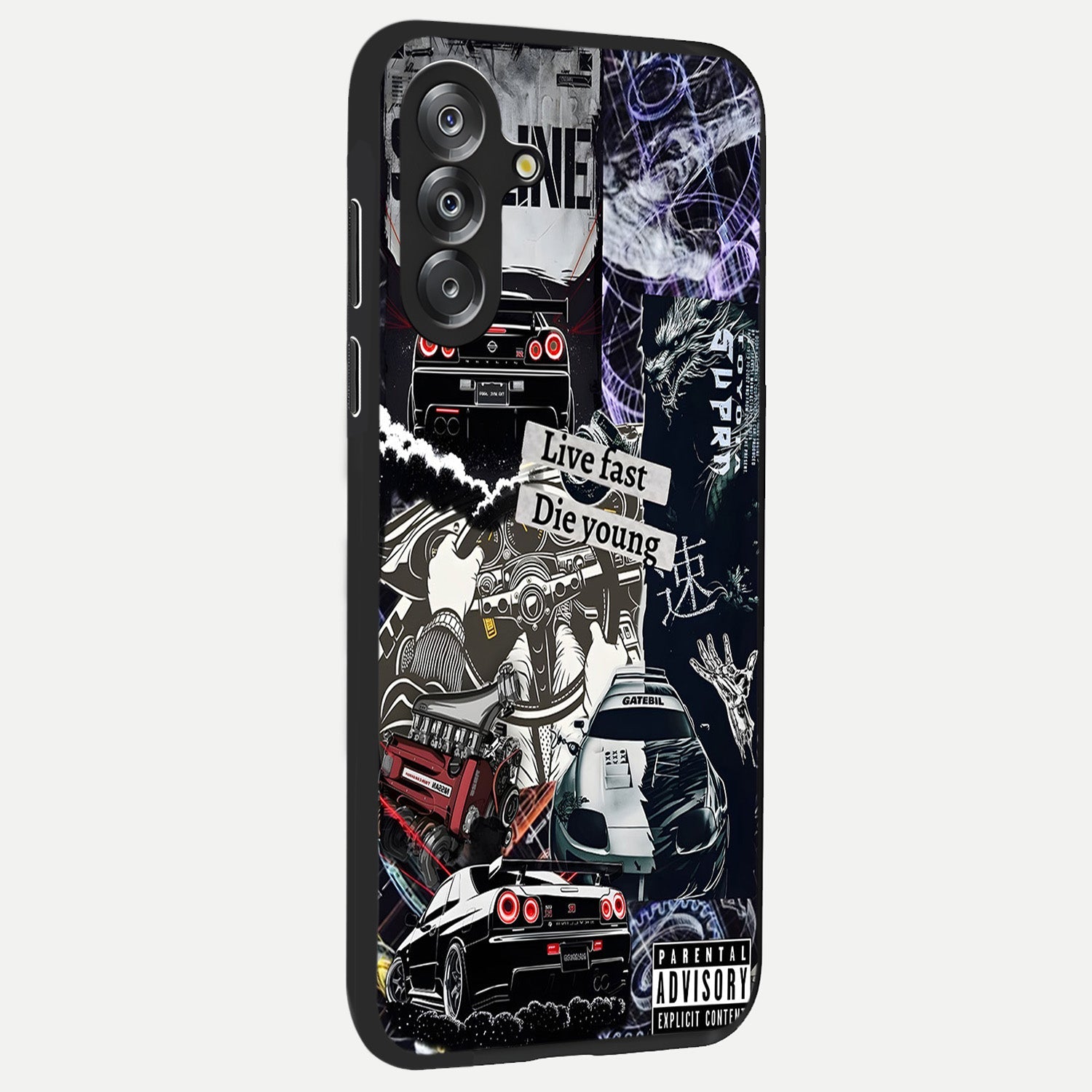 Die Young Glass Case upright view showcasing striking typography artwork with modern statement theme.