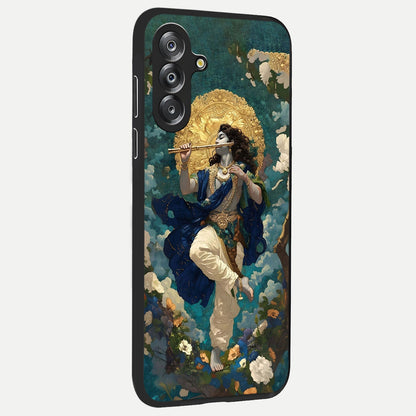 Divine Krishna Art Glass Case upright view showcasing divine Krishna artwork with sacred artistic theme.