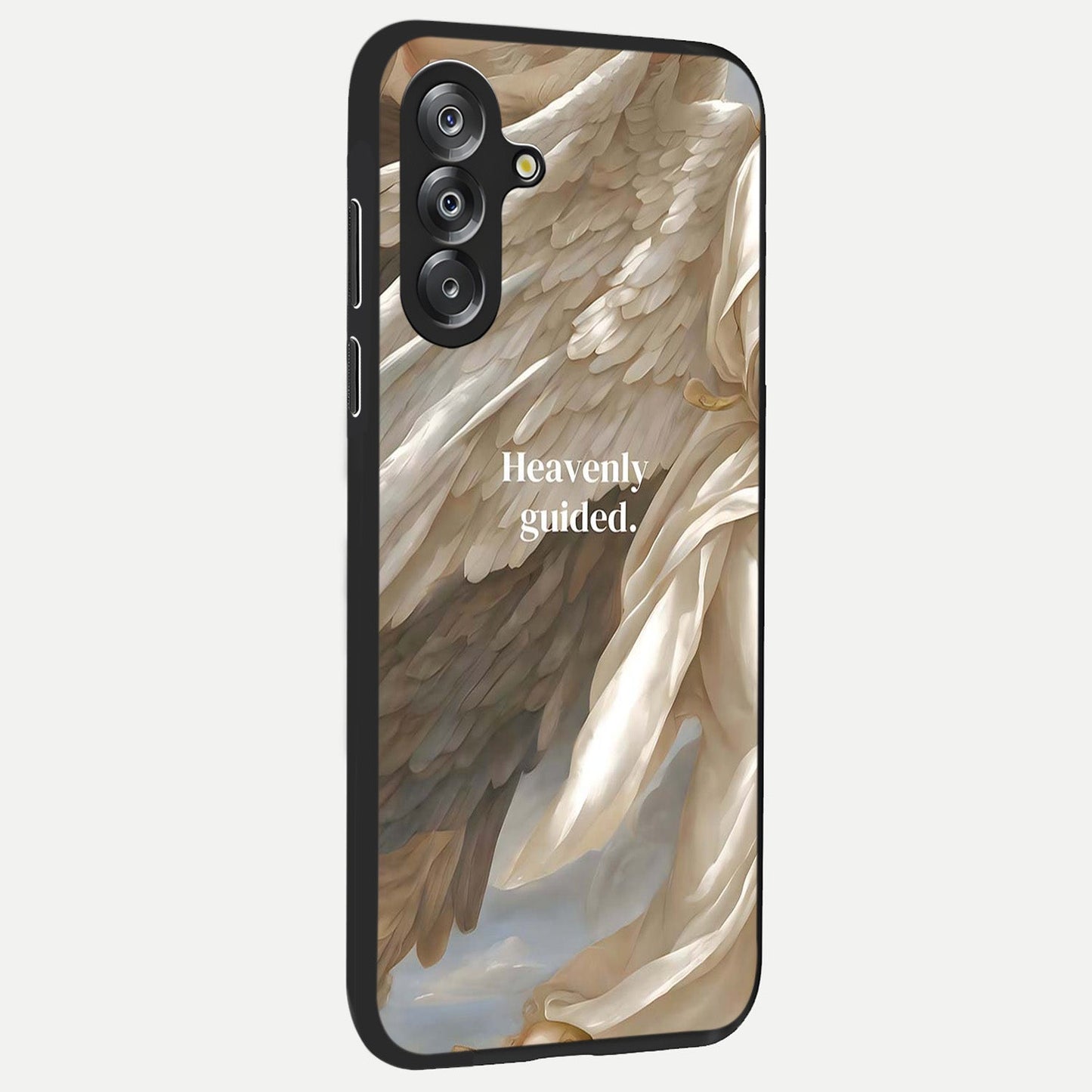 Divine Winged Grace Glass Case upright view showcasing spiritual wing artwork with soft celestial theme.