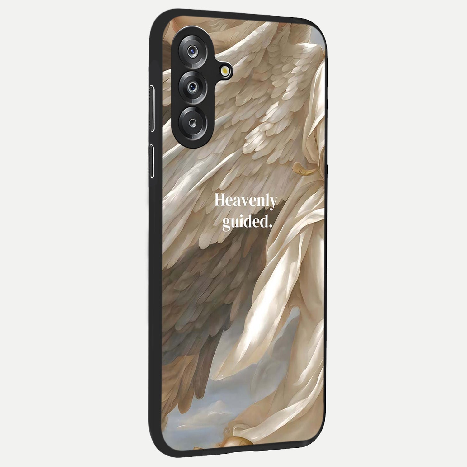 Divine Winged Grace Glass Case upright view showcasing spiritual wing artwork with soft celestial theme.