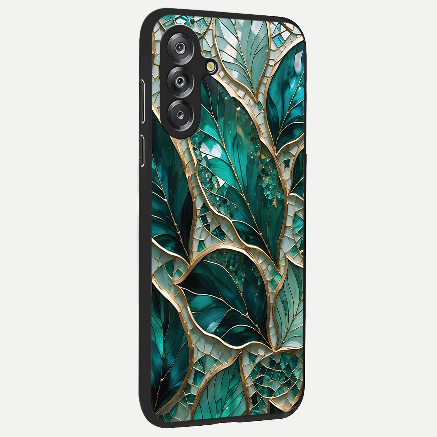 Emerald Leaf Glass Glass Case upright view showcasing fresh green leaf artwork with calming nature inspired style.