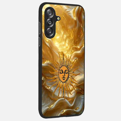Eternal Golden Glow Glass Case upright view showcasing luminous golden artwork with luxurious visual theme.