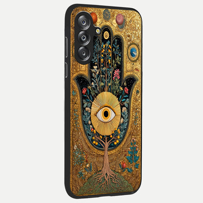 Ethereal Evil Eye Glass Case upright view showcasing celestial evil eye artwork with mystical theme.