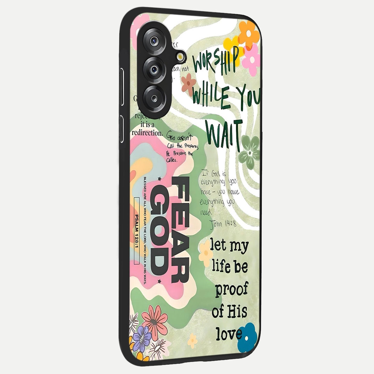 Faith Over Fear Glass Case upright view showcasing bold typography artwork with uplifting motivational theme.