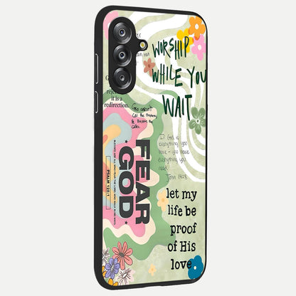 Faith Over Fear Glass Case upright view showcasing bold typography artwork with uplifting motivational theme.