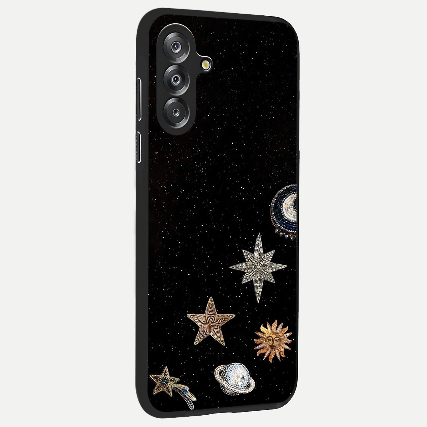 Galactic Charm Glow Glass Case upright view showcasing glowing cosmic charm artwork with magical celestial style.