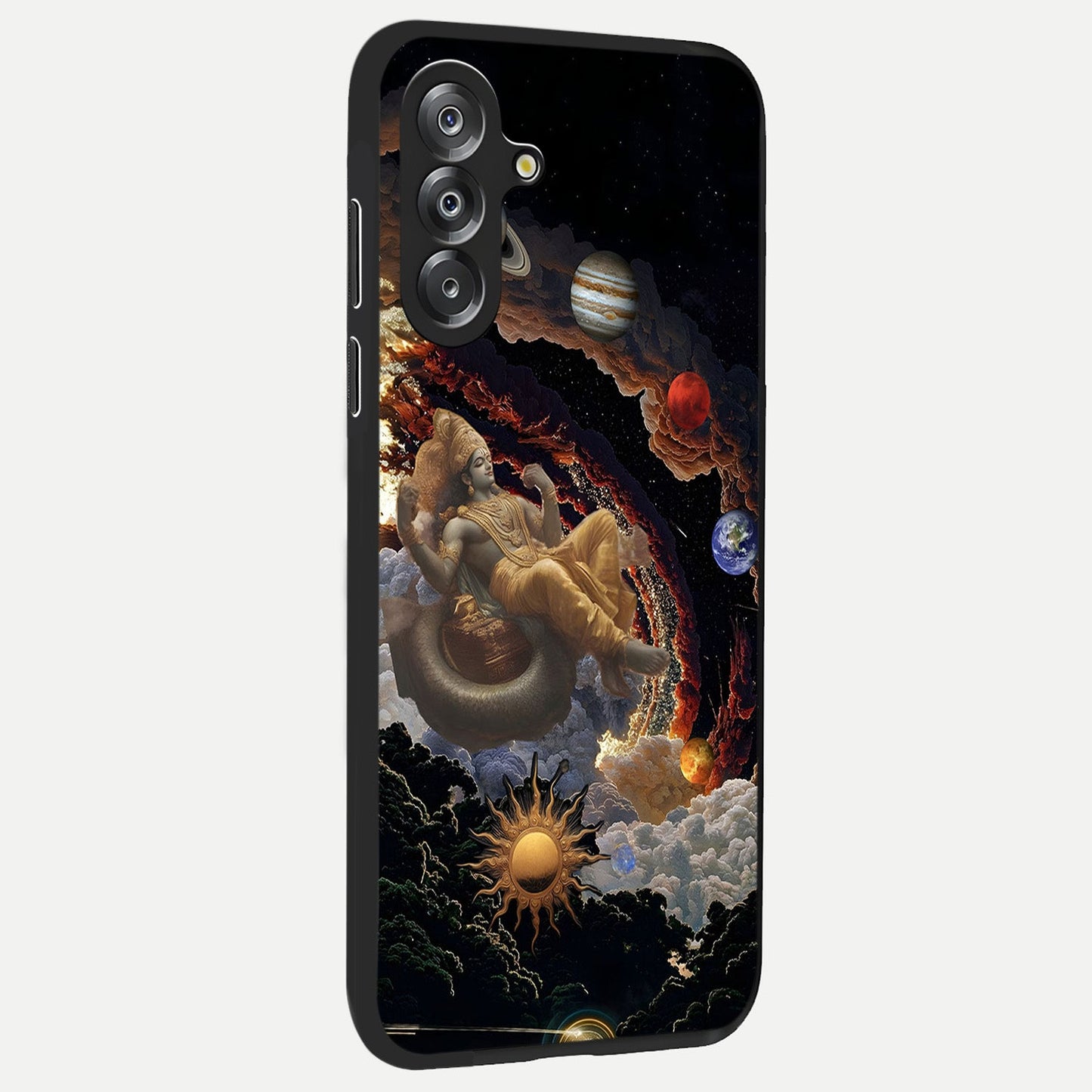 Galactic Divine God Glass Case upright view showcasing mystical divine artwork with dramatic cosmic theme.