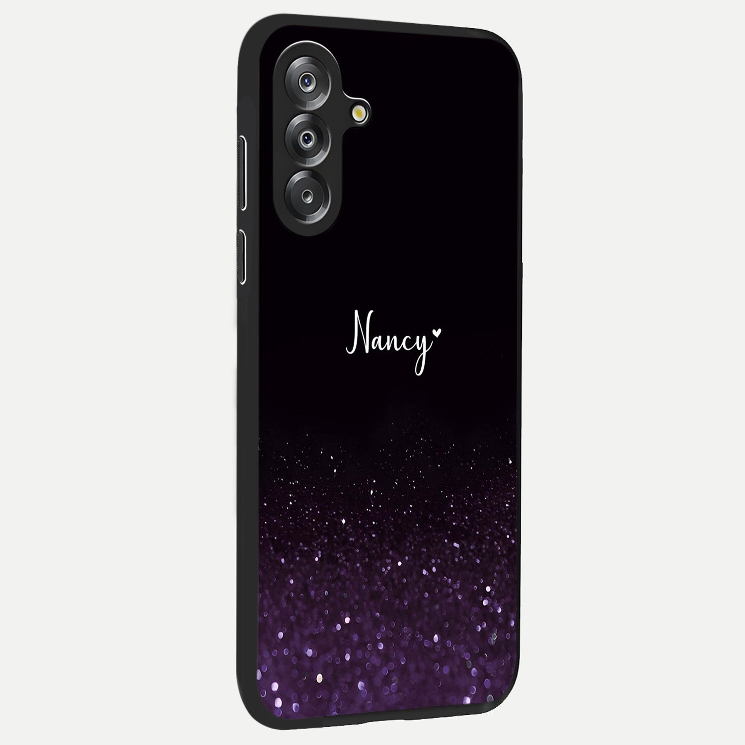 Glittery Purple Bokeh Custom Name Glass Case upright view showcasing vibrant purple sparkle artwork with personalized aesthetic style.