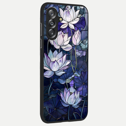 Gloss Petal Rush Glass Case upright view showcasing dynamic floral petal artwork with modern botanical theme.
