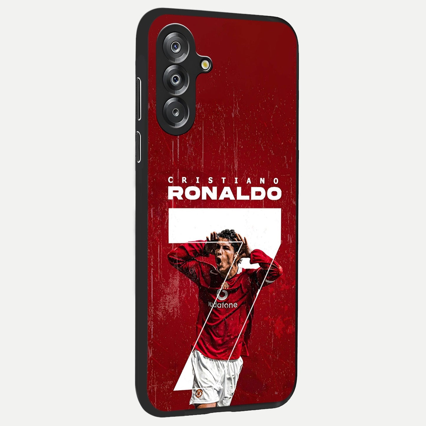 Goal Celebration Legacy Glass Case upright view showcasing dynamic football inspired artwork with victory celebration aesthetic.