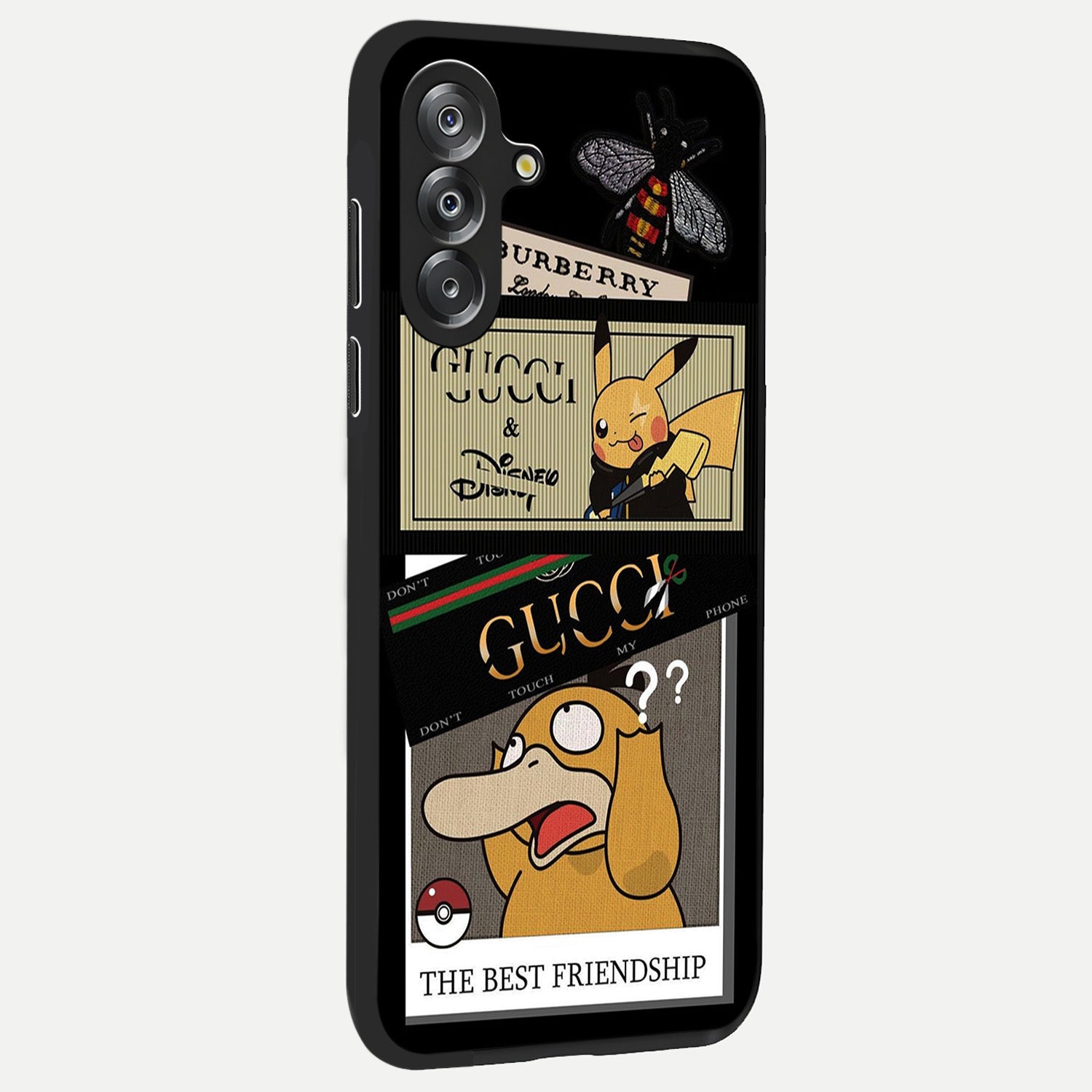 Gucci Play Mashup Glass Case upright view showcasing trendy luxury inspired artwork with modern fashion theme.
