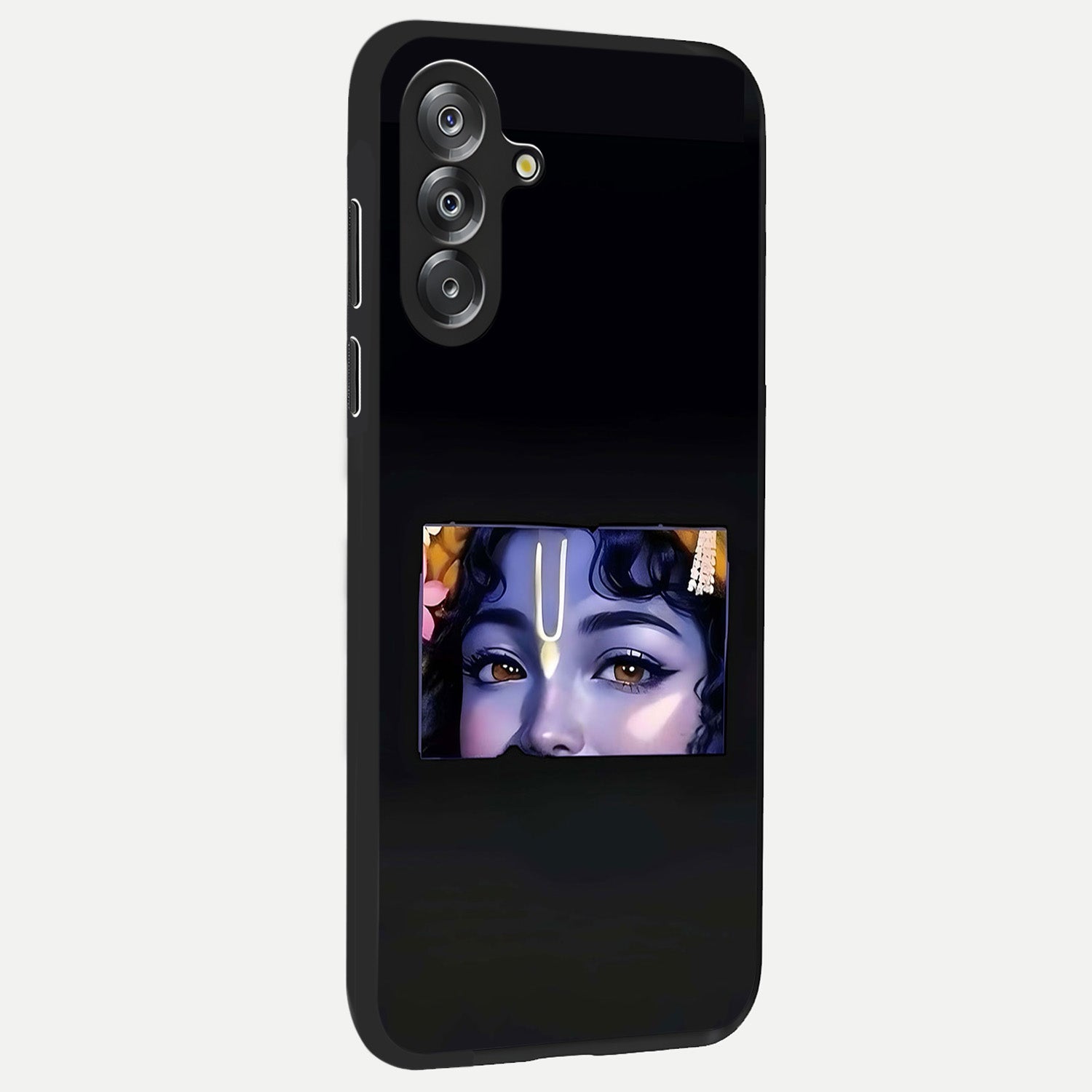 Krishna Divine Embrace Glass Case upright view showcasing sacred Krishna artwork with peaceful devotional theme.