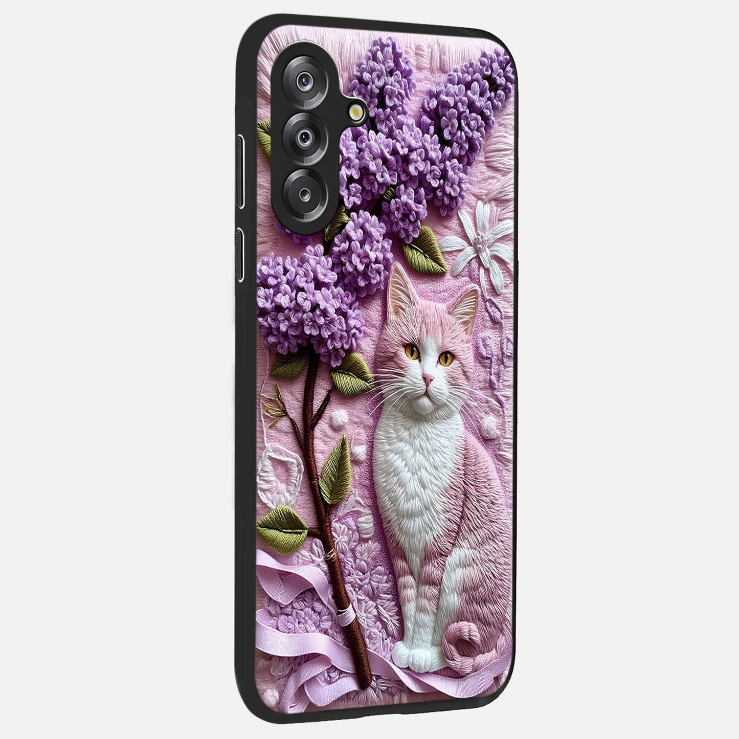Lavender Cat Whimsy Glass Case upright view showcasing charming cat artwork with whimsical lavender theme.