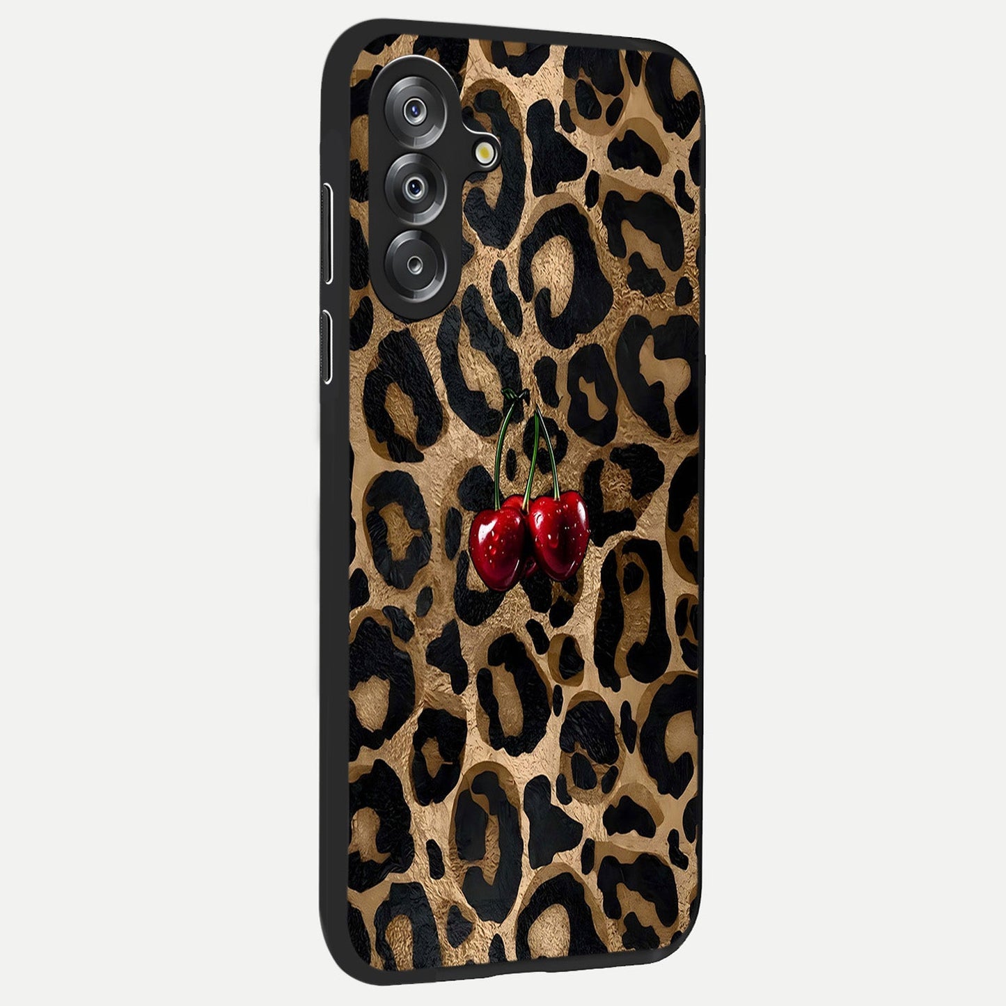 Leopard Wild Cherry Glass Case upright view showcasing stylish leopard pattern artwork with trendy fashion theme.