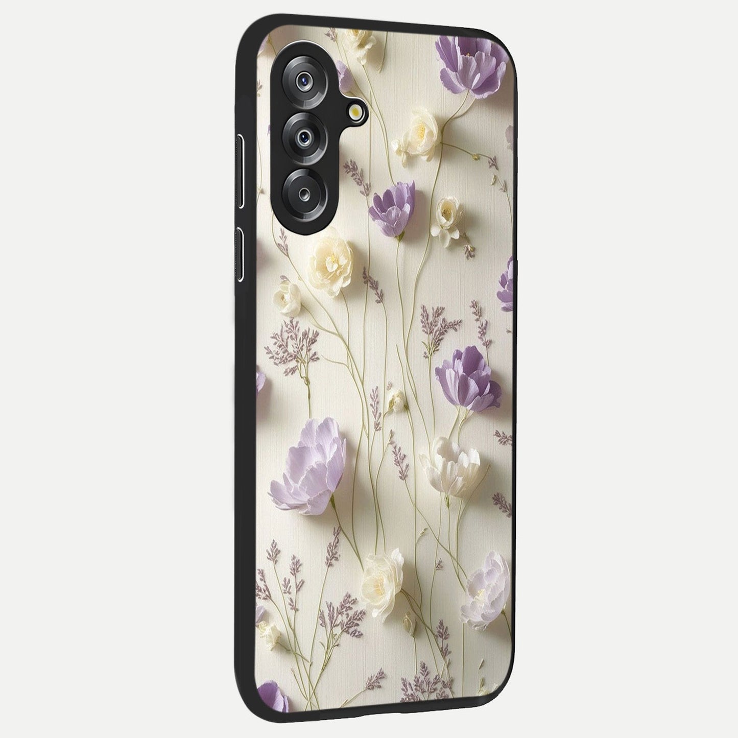 Lilac Breeze Harmony Glass Case upright view showcasing delicate lilac artwork with peaceful floral theme.