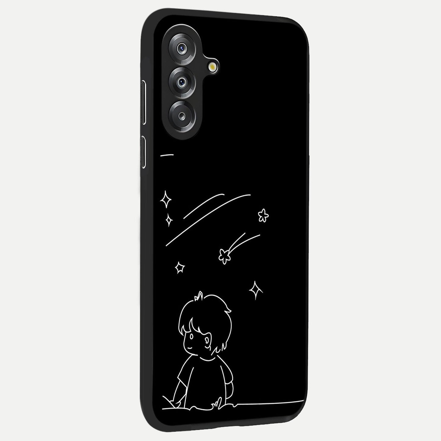 Line Art Boy With Shooting Stars Glass Case upright view showcasing artistic shooting star illustration with minimal style.