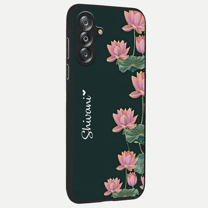Lotus Bloom Serenity Custom Name Glass Case upright view showcasing serene lotus bloom artwork with personalized floral aesthetic.
